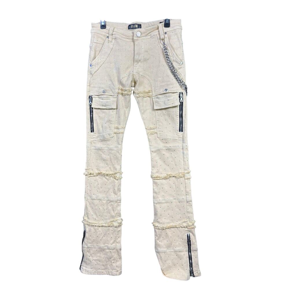 Elite Premium Denim Pants Womens 29 Studded Cargo Zipper Chain Fringe 29/34